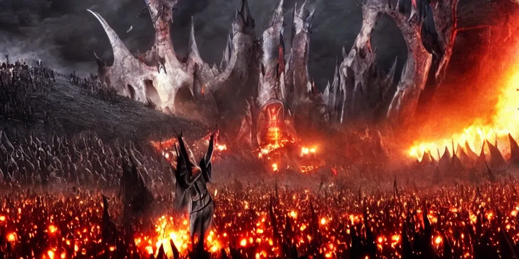 Prompt: Sauron playing guitar in a rock concert to a crowd of 5000 orcs in Mordor, epic, realistic, 8k resolution, detailed, cinematic lighting, cinematic