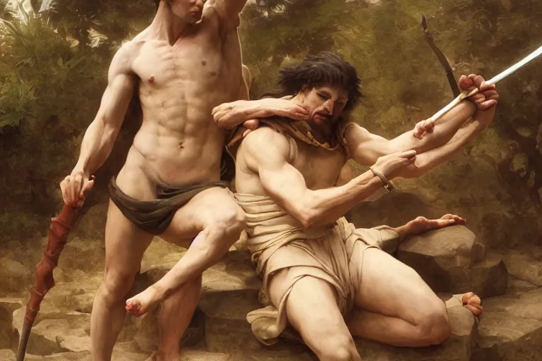 Image similar to ancient historically accurate depiction of the Bible duel bettween the shepherd boy david and Goliath of Gath, the Philistine warrior giant, by frank miller, illustration by Ruan Jia and Mandy Jurgens and William-Adolphe Bouguereau, Artgerm, 4k, digital art, surreal, space dandy style, highly detailed, godsend, artstation, digital painting, concept art, smooth, sharp focus, illustration by Ruan Jia and Mandy Jurgens and William-Adolphe Bouguereau, Artgerm