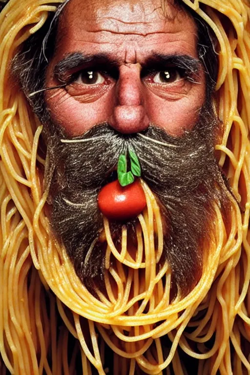 Image similar to extremely detailed portrait of old italian cook, spaghetti mustache, slurping spaghetti, spaghetti in the nostrils, spaghetti hair, spaghetti beard, huge surprised eyes, shocked expression, scarf made from spaghetti, full frame, award winning photo by jimmy nelson