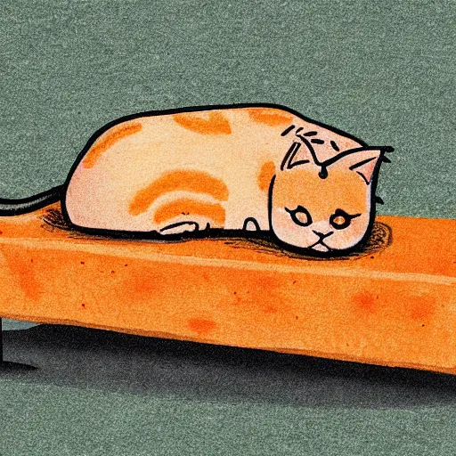 Prompt: fat orange cat on a table with lasagna new yorker illustration