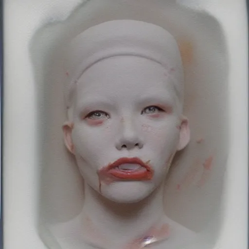 Image similar to a liquid white clay porcelain portrait of a face melt down flow go runny, body painted with a lot of white thick fluid, realistic detailed watercolor polaroid, grainy image, contrast