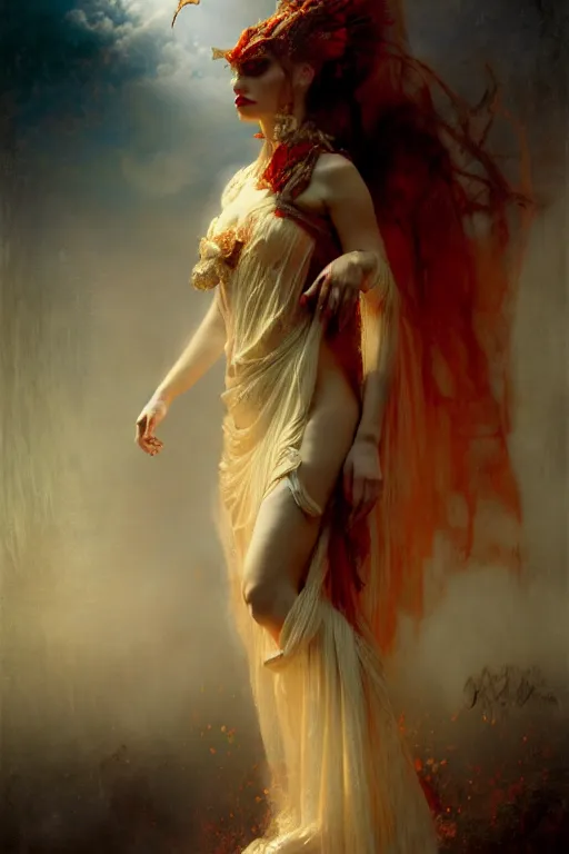 Image similar to a full body portrait of a demon girl wearing gown, high detail, cleary see face, by gaston bussiere, bayard wu, greg rutkowski, odd nerdrum, maxim verehin, realism, harsh lighting, dan dos santos, masterpiece, sharp focus, cinematic lightning