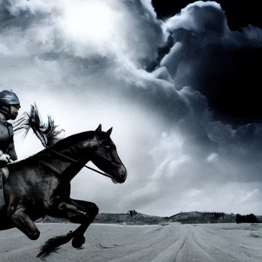 Prompt: hyper realistic picture of the horse rider of the apocalypse decending the sky on the verge of human extintion, deep shadows, high contrast, ash atmospher, nuclear winter