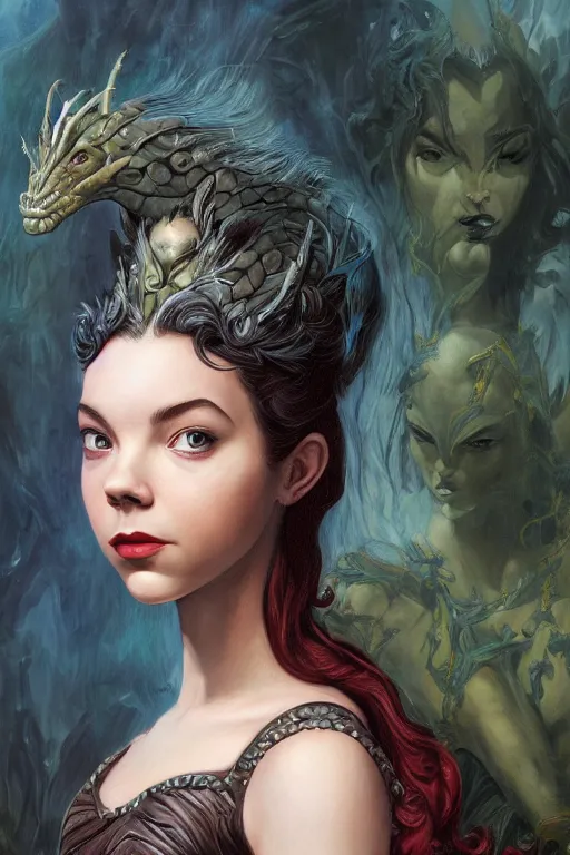 Prompt: A fantasy comic book style portrait painting of Anya Taylor-Joy, hybrid, Natalie Wood, as an Atlantean Reptilian Warrior, François Boucher, Oil Painting, Mystical Valkyrie, unreal 5, DAZ, hyperrealistic, octane render, Regal, Refined, Detailed Digital Art, RPG portrait, William-Adolphe Bouguereau, Michael Cheval, Walt Disney (1937), Steampunk, dynamic lighting, Highly Detailed, Cinematic Lighting, Unreal Engine, 8k, HD