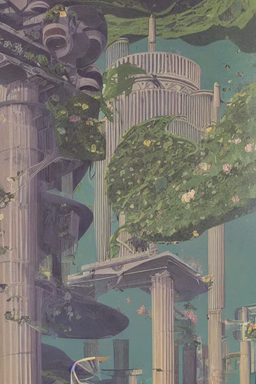 Image similar to night, stars, mecha robot, hanging gardens of babylon, temple of artemis at ephesus, waterfalls, blooming hills with spring flowers and pillars by helen lundeberg