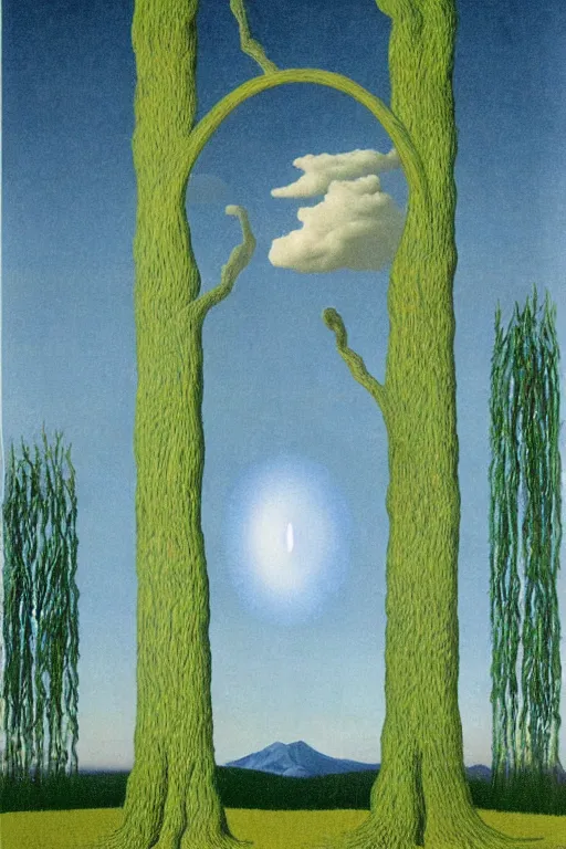 Image similar to weeping willow with an entrance to the entire cosmos by rene magritte and salvadore dali