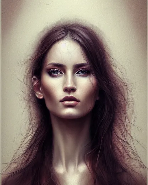 Prompt: portrait of a beautiful woman, enigmatic beauty, head in focus, intricate, elegant, highly detailed, hyperrealistic, concept art, painterly, sharp focus, art by emilia elfe