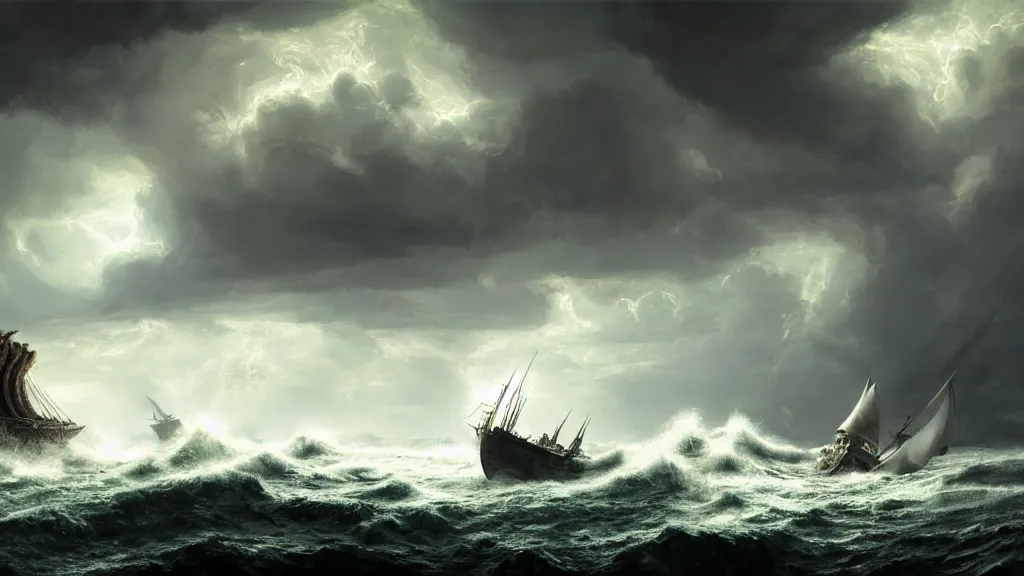 Prompt: small boat near a massive giant kraken coming out of a stormy sea in the distance, giant waves, lightning in background, intricate, detailed, volumetric lighting, sharp focus, scenery, photorealism, digital painting, highly detailed, concept art, ruan jia, dark souls, steve mccurry