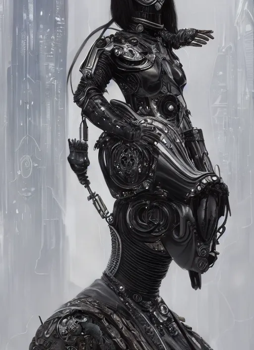 Image similar to a cyborg with mask, black leather garment with art nouveau ivory accessories, intricate lace and jewels, cyberpunk, darksynth, luxury, concept art by greg rutkowski, extremely detailed, ominous, ethereal, artstation, andree wallin, edvige faini, balaskas, alphonse mucha, 8 k, octane render