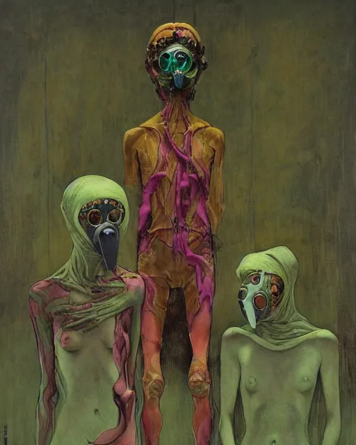 Prompt: Two skinny figures wearing gas masks, draped in silky gold, green and pink, inside a decaying dystopian hospital room, in the style of Francis Bacon, Esao Andrews, Zdzisław Beksiński, Edward Hopper, surrealism, art by Takato Yamamoto and James Jean