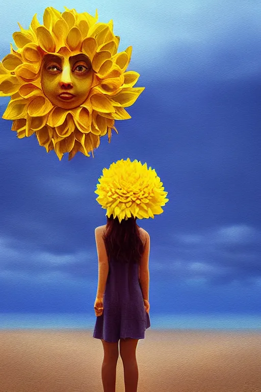 Image similar to closeup girl with huge yellow dahlia flower face, on beach, surreal photography, blue sky, sunrise, dramatic light, impressionist painting, digital painting, artstation, simon stalenhag