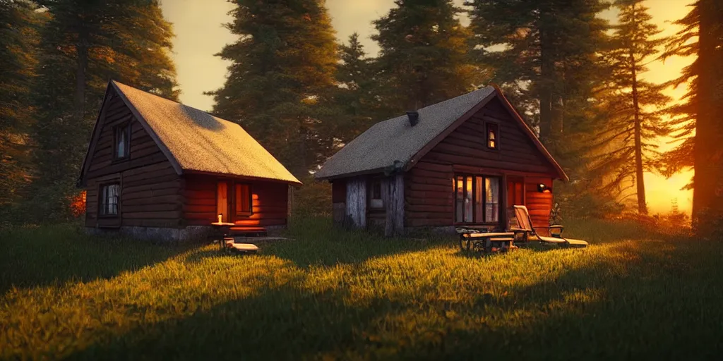 Prompt: a cozy little house in the woods, relaxing, 3 d concept art by philipp urlich, chill, relaxing, peaceful, sunset, extremely detailed art, unreal engine 5, hyper realism