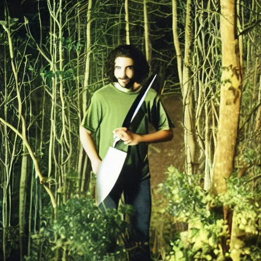 Image similar to Moonlit long shot of Shia Labeouf, eyes glinting, smiling eerily and holding a knife, peering through foliage in the forest at night, Eastman Color Negative II 100T 5247, ARRIFLEX 35 BL Camera