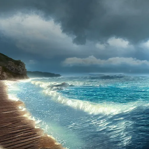 Image similar to camino de frances, photorealistic, the ocean, beautiful lighting, dreamy, detailed