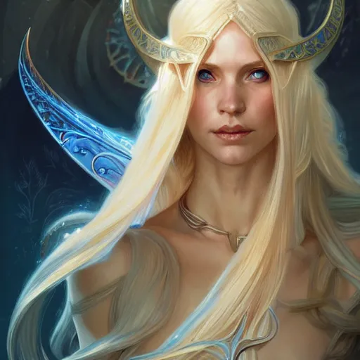 Image similar to half elf sorceress, D&D, blue eyes, blonde hair, fantasy, intricate, elegant, highly detailed, digital painting, artstation, concept art, smooth, sharp focus, illustration, art by artgerm and greg rutkowski and alphonse mucha