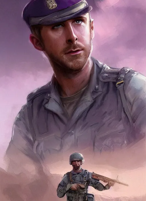 Prompt: purple scene lighting, detailed character portrait!!! concept art, older ryan gosling as a soldier with beard, short hair, in a soldier uniform, desert background, city skyline, sharp focus, illustration, highly detailed, digital painting, concept art, matte, art by wlop and artgerm and greg rutkowski, masterpiece