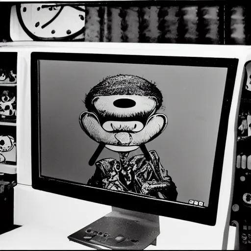 Image similar to a black and white photograph of a mischievous computer screen, by gary baseman, by robert crumb, by jim henson, high contrast, soft lighting, surreal, film photography