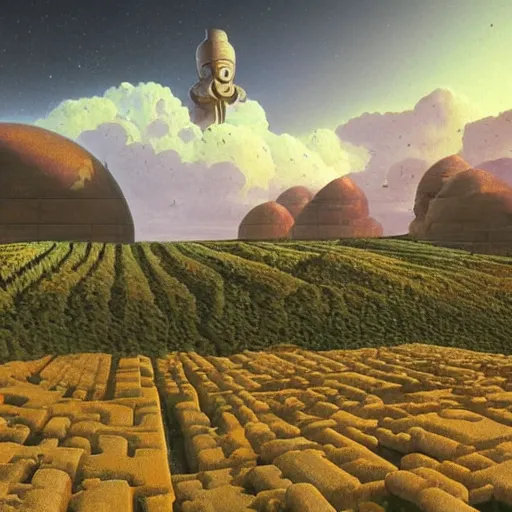 Prompt: beautiful rendered in zbrush ancient painting of a beatiful scenic farm surrounded by holographic Myrtle squares, by Jean Giraud and Zdzisław Beksiński and Chesley Bonestell and James Gurney,