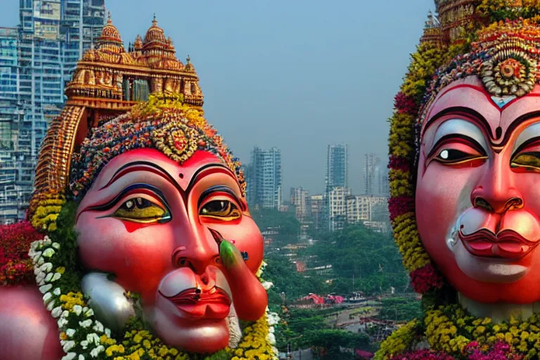 Image similar to high quality 3 d flowerpunk biomorphic hanuman head building in the middle of mumbai!!, kalighat highly detailed, cinematic smooth, stephen shore & john j. park, soft morning light, wide shot, high angle, uhd 8 k, deep focus