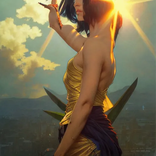 Image similar to highly detailed vfx portrait of nico robin, greg rutkowski, makoto shinkai, tom bagshaw, alphonse mucha, sharp focus, art by artgerm and greg rutkowski, backlit, harsh overhead sunlight, blue eyes,