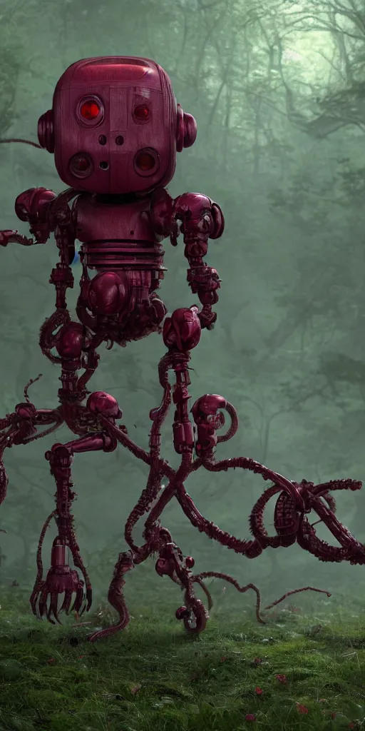 Prompt: little red robot with glowing purple eyes and antenna on head, surrounded by a green forrest, moody , lovecraft, giger, ridley scott, zack snyder, Fenghua Zhong, realistic cinematic lighting, establishing action shot, ultra detailed, hyper realism, photo, octane render