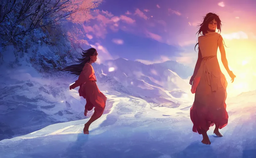 Prompt: Himalayan woman walking barefoot in the snow, beautiful flowing fabric, sunset, dramatic angle, cold, lost, hopeless, dynamic pose, 8k hdr pixiv dslr photo by Makoto Shinkai ilya kuvshinov and Wojtek Fus