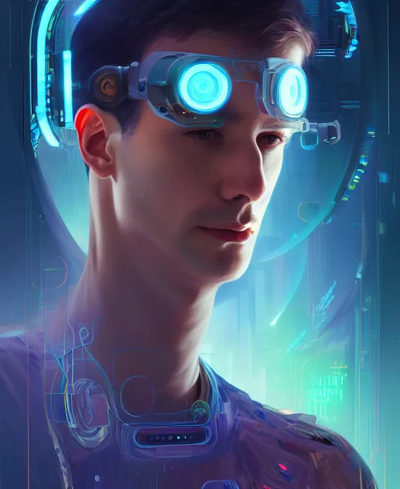 Image similar to a whirlwind inside the metaverse, guy, male, man, hologram, half body, neurochip, android, cyborg, cyberpunk face, by loish, d & d, fantasy, intricate, elegant, highly detailed, colorful, digital painting, artstation, concept art, art by artgerm and greg rutkowski and alphonse mucha