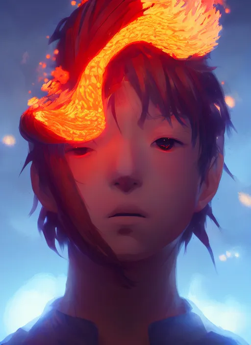 Prompt: a portrait of fire - kun, intricate, tone mapped, ambient lighting, highly detailed, digital painting, artstation, concept art, 4 k, god rays, stunningly beautiful, glowing eyes, sharp focus, by makoto shinkai and akihiko yoshida and hidari and wlop