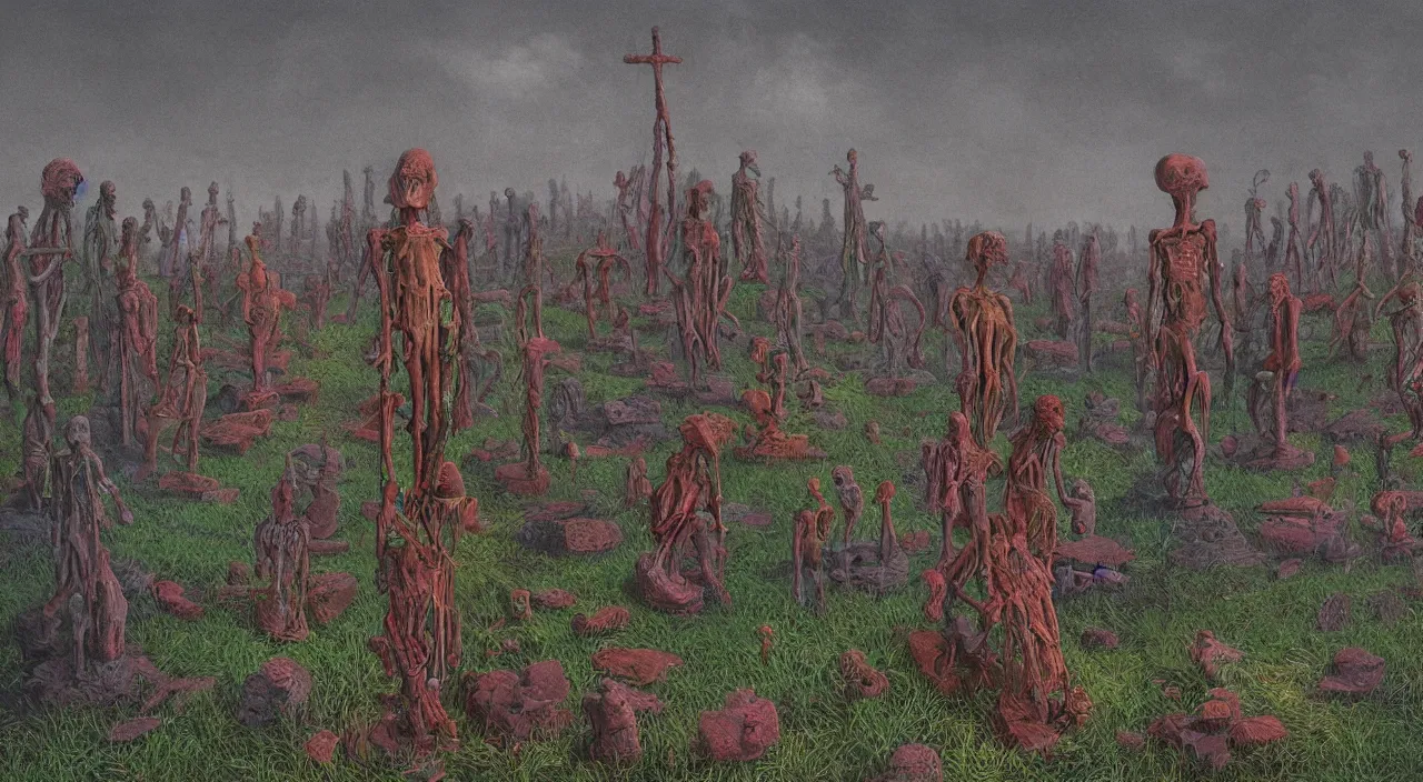 Prompt: colorful! graveyard statue in the style of simon stalenhag, gustave dore, zdzisław beksinski!, bones full - size, graves in the background