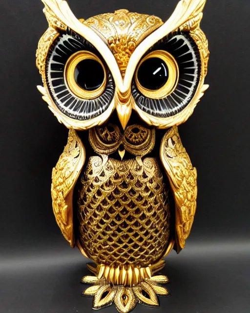 Image similar to royal ornate black ebony realistic detailed owl sanctuary stronghold fortess with golden filigree carved out of ivory