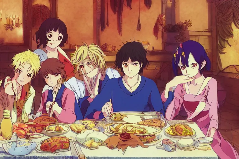 Image similar to cell shaded anime key visual of a royal family having a feast in the style of studio ghibli, moebius, ayami kojima, makoto shinkai, dramatic lighting, clean lines