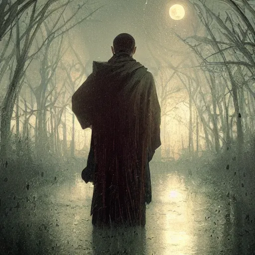 Image similar to a terrified catholic priest, full moon in the background, rainy atmosphere, natural volumetric light, intricate, highly detailed, digital painting, artstation, concept art, sharp focus, illustration, SFW, art by greg rutkowski and alphonse mucha