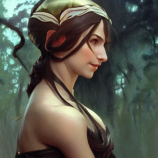 Image similar to portrait of a female elf, elegant, digital painting, highly detailed, fantasy, artstation, concept art, smooth, sharp focus, illustration, art by artgerm and greg rutkowski and alphonse mucha