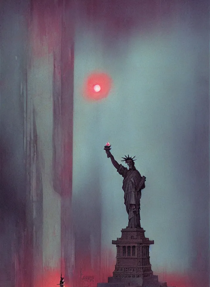 Prompt: the blind statue of liberty of the few, red and purple palette, volume light, fog, by ( h. r. giger ) and paul lehr