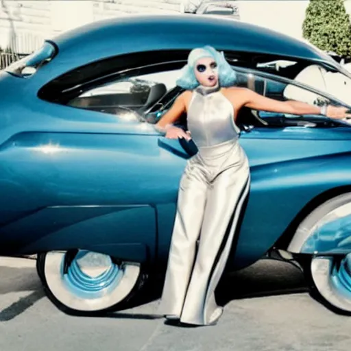 Image similar to lady gaga as a shiny chrome futuristic android washing a vintage 1 9 5 0's car