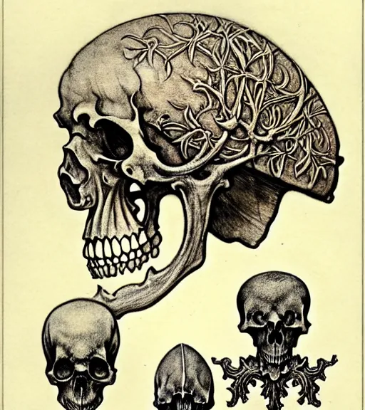 Prompt: memento mori by arthur rackham, art forms of nature by ernst haeckel, exquisitely detailed, art nouveau, gothic, ornately carved beautiful skull dominant, intricately carved antique bone, art nouveau botanicals, ornamental bone carvings, art forms of nature by ernst haeckel, horizontal symmetry, arthur rackham, ernst haeckel, symbolist