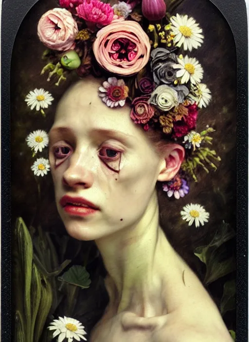 Prompt: beautiful and detailed rotten woman made of plants and many types of stylized flowers like carnation, daisy, chrysanthemum, anemone, roses and tulips, intricate, surreal, vladimir volegov, john constable, guy denning, gustave courbet, caravaggio, romero ressendi, bruno walpoth 1 9 1 0 polaroid photo