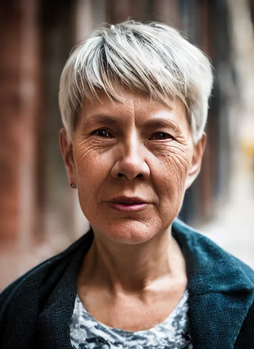 Image similar to color medium shot portrait of 50-year-old woman from Norway with short hair, candid street portrait in the style of Rehahn award winning, Sony a7R