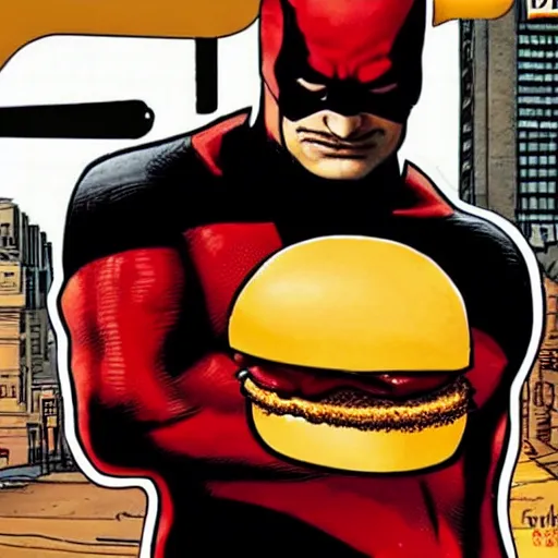 Image similar to daredevil eating mcdonalds