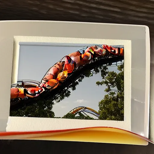 Prompt: a haunting polaroid photo of a twisting roller coaster made out of shrimp