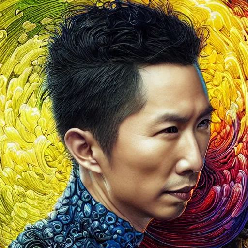 Image similar to portrait of donnie yen, hyper detailed masterpiece, neon floral pattern, jean giraud, digital art painting, darkwave goth aesthetic, psychedelic, artgerm, donato giancola and tom bagshaw