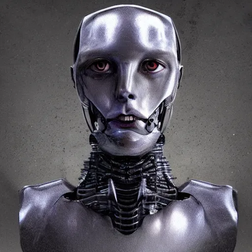 Prompt: humanoid robot wears the face of a man, dark, mystery, post - apocalyptic, concept art