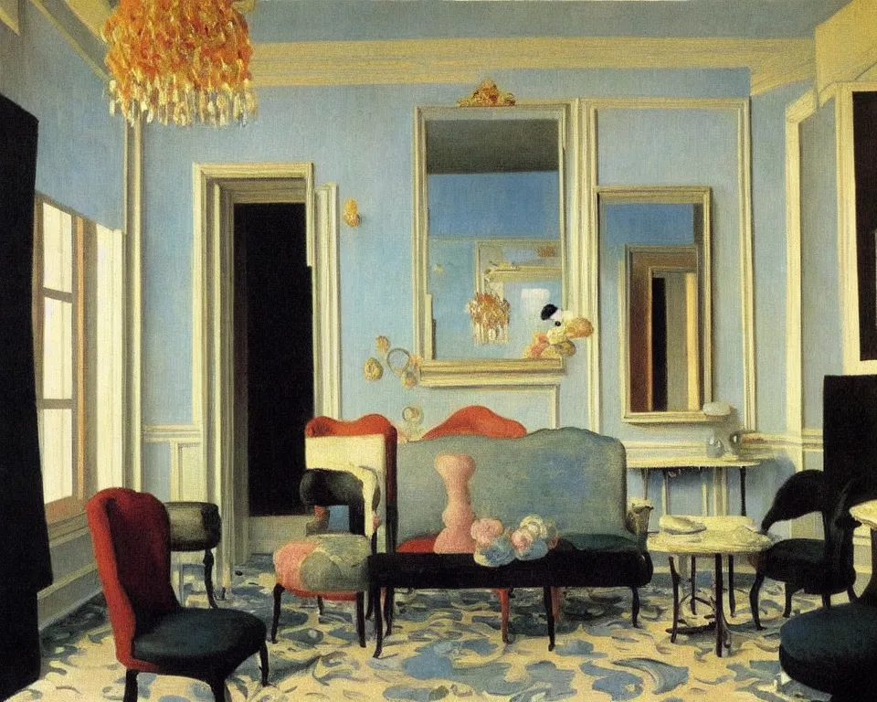 Image similar to achingly beautiful painting of a sophisticated, well - decorated, modern parlor by rene magritte, monet, and turner. whimsical.