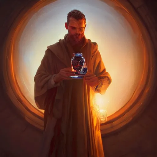 Image similar to man holding he's soul in a jar portrait, backlight, rim lighting, deep focus, d & d, fantasy, intricate, elegant, highly detailed, digital painting, artstation, concept art, matte, centered, sharp focus, illustration, hearthstone, art by artgerm, greg rutkowski and alphonse mucha