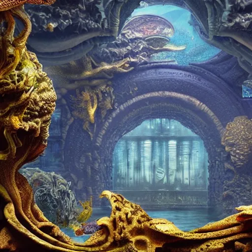 Prompt: beautifull ultra realistic render of underwater atlantis city with a lot of monster and dimensions, deep color scheme, intricate, smooth, sharp focus, epic, transcendental art, treanding on artstation, by ernst haeckel, 8 k, unreal engine render, photorealistic, hyperdetailed, ornate, golden ratio, fractal