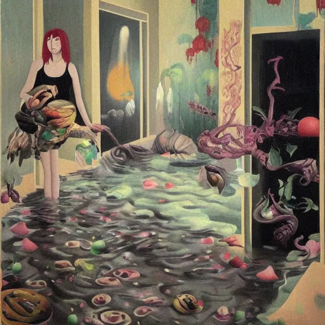 Prompt: tall female emo artist in their flooded apartment, painting of flood waters inside an artist's home, a river flooding indoors, pomegranates, pigs, ikebana, zen, water, octopus, river, rapids, waterfall, black swans, canoe, berries, acrylic on canvas, surrealist, by magritte and monet