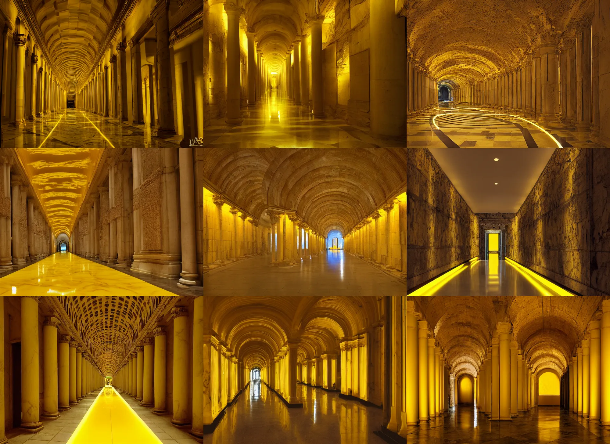 Prompt: yellow marble corridor lit with yellow fluorescent lights, interior, ancient, architecture, IMAX