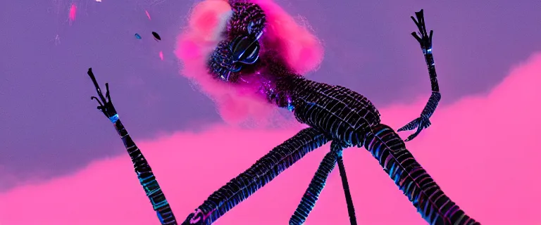 Image similar to a stick insect with glowing black patterns painted by Mike Winkelmann, fluffy clouds, pink girl, cotton candy, dreamy soft, rainbow