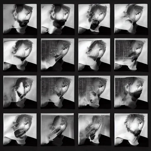 Image similar to prints of random thom yorke versions on a table, hyper realistic, many very random variations of thom yorke, various emotions, various poses, high quality photographs, mixed styles, intricate details, diverse