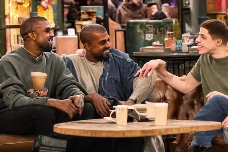 Image similar to Kanye West and Pete Davidson (2022) are best friends, drinking coffee at central perk, still photo, hyperrealistic, 35mm, 8k, by weta digital